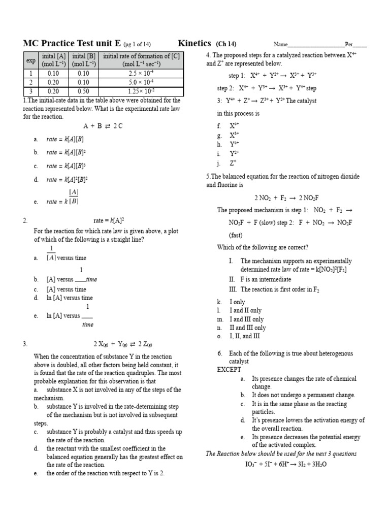 Kinetics MC Practice Test Unit E | PDF | Reaction Rate | Activation Energy