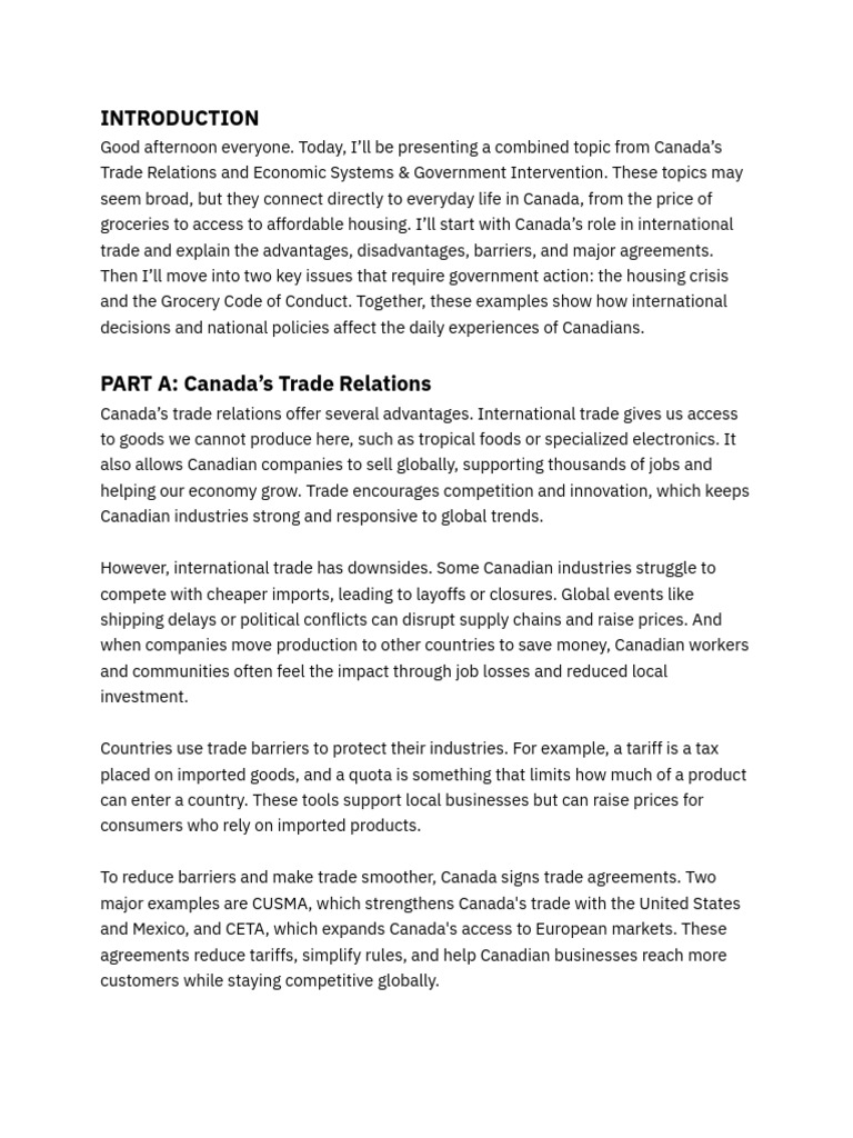 Business- Canada’s Trade Relations and Economic Systems & Government ...