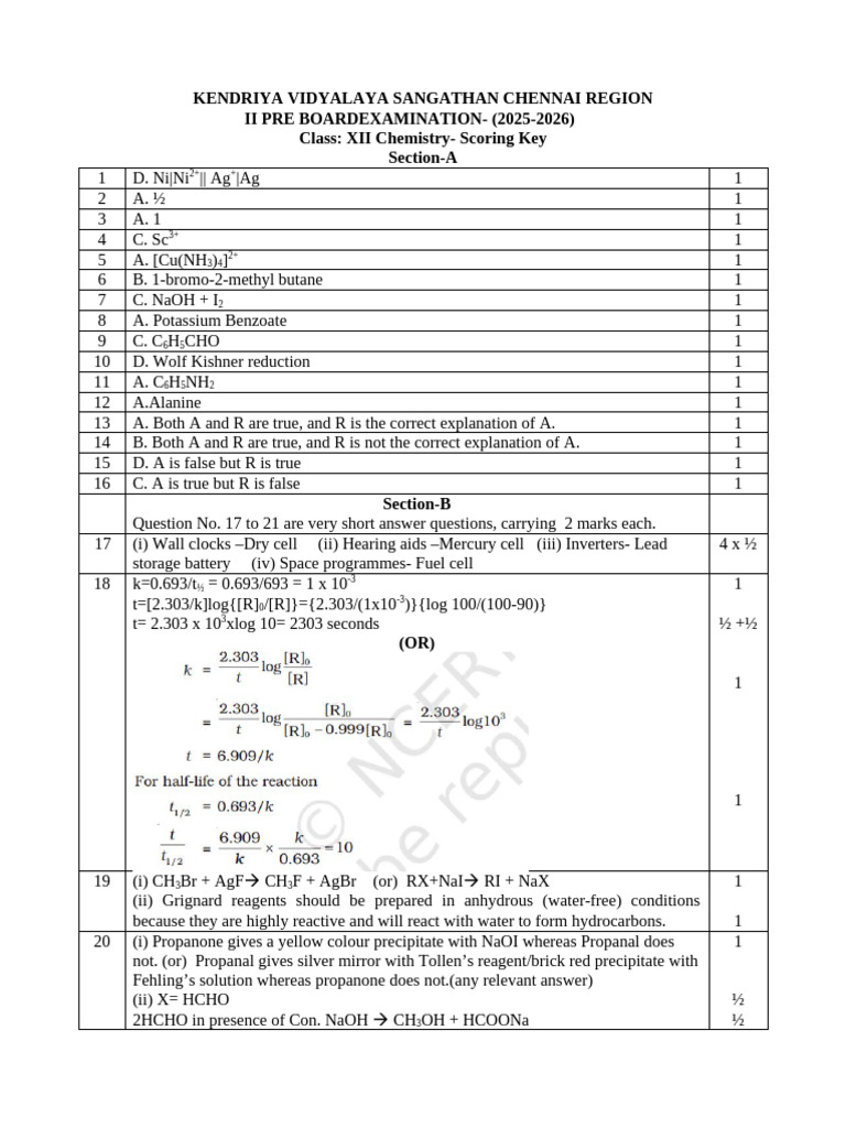 Class XII Chemistry Pre-Board Key 2025-26 | PDF | Solubility | Ionic ...