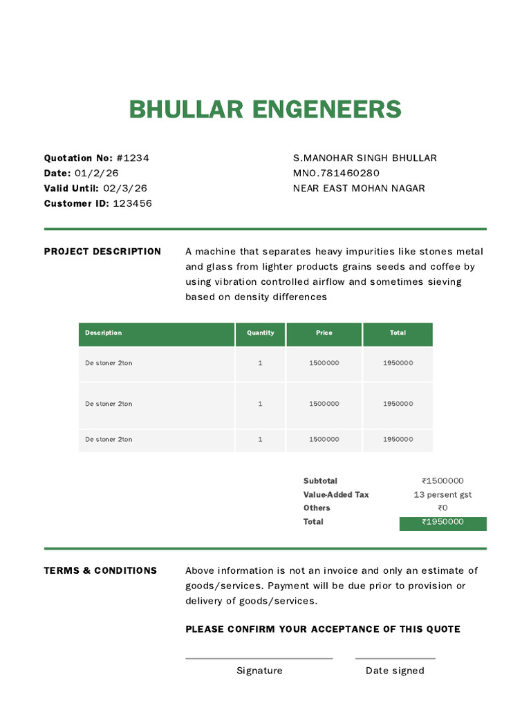 Bhullar Engineers Quotation Estimate | PDF