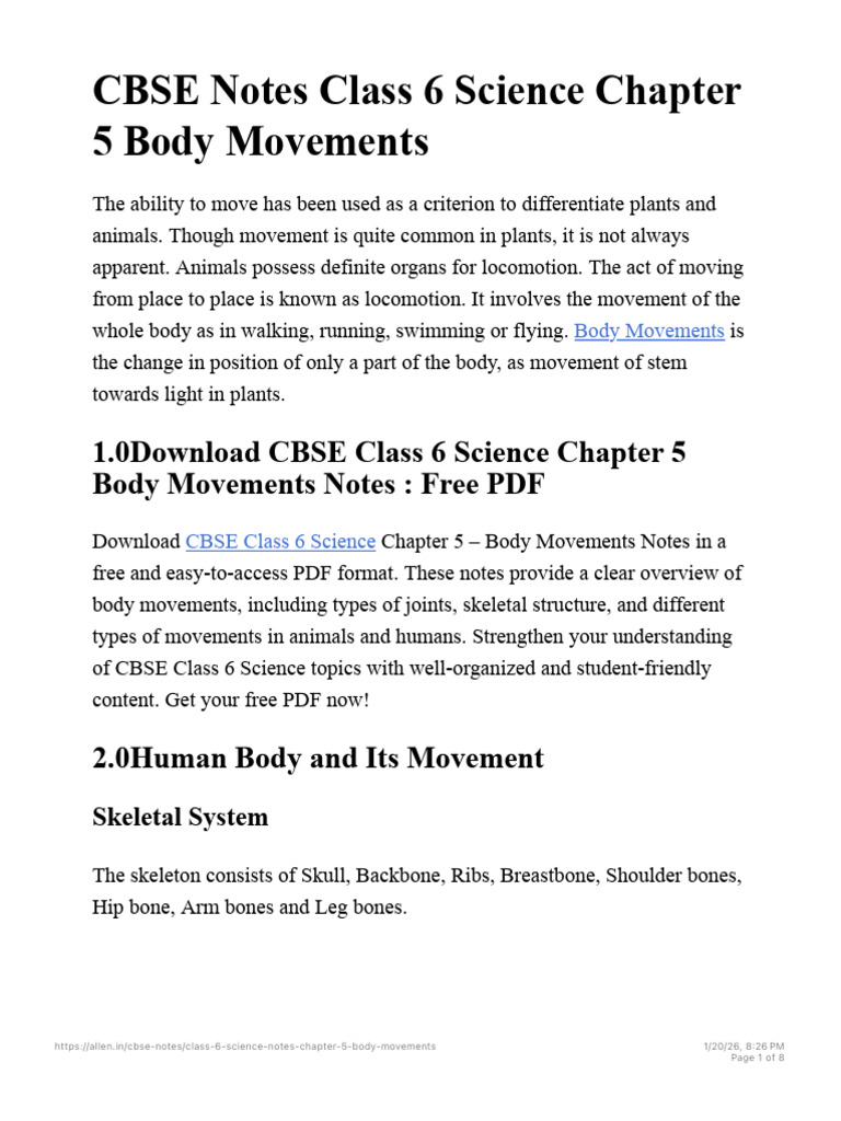 CBSE Class 6 Science: Body Movements | PDF | Skeleton | Thorax