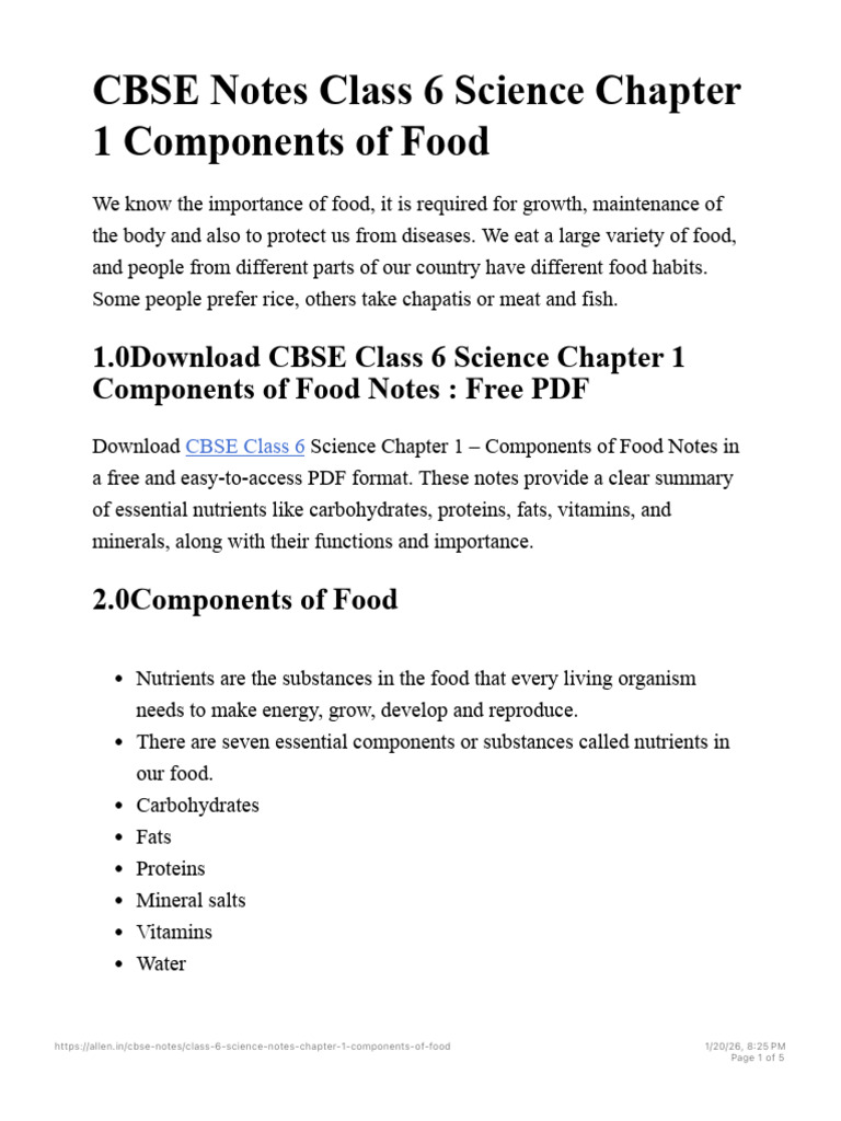 CBSE Class 6 Science: Food Components | PDF | Foods | Diet & Nutrition