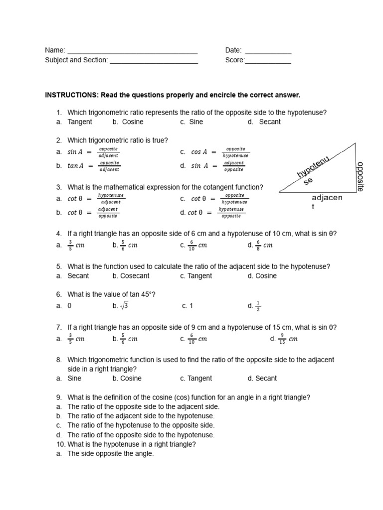 Trigonometry Quiz and Exercises | PDF | Trigonometric Functions | Euclid