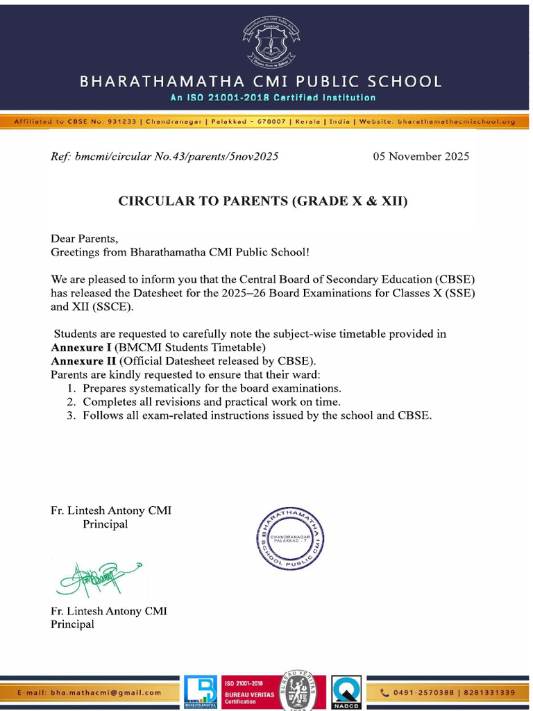 Circular 43 Datesheet x and Xii | PDF