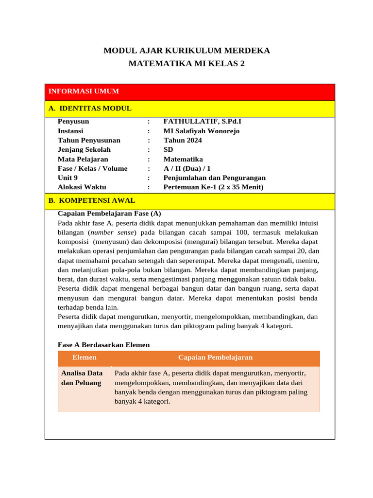 Modul Ajar Matematika Kelas 2 MI | PDF