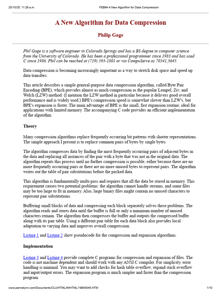 FEB94 a New Algorithm for Data Compression | PDF | Data Compression ...