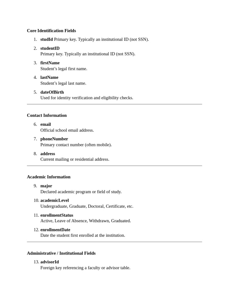 Essential Student Identification Fields | PDF