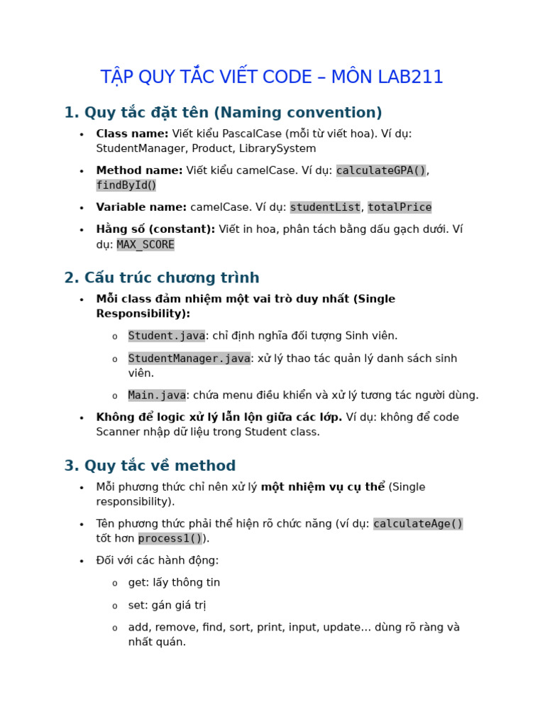 Tập Quy Tắc Viết Code - Môn Lab211 | PDF