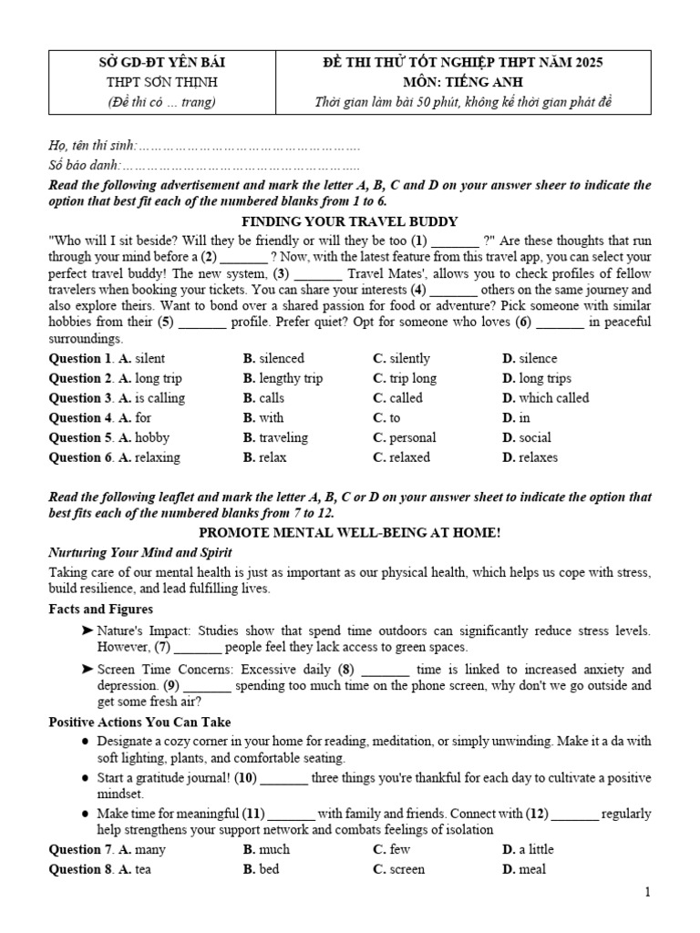 2025 English Exam Practice Paper | PDF