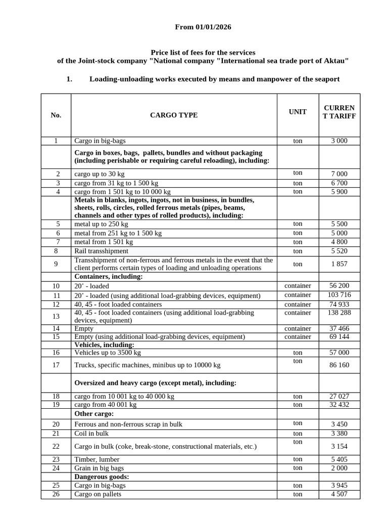 Aktau Port Service Fee Schedule 2026 | PDF | Cargo | Warehouse