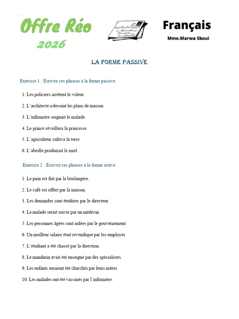 Exercices sur la forme passive et active | PDF