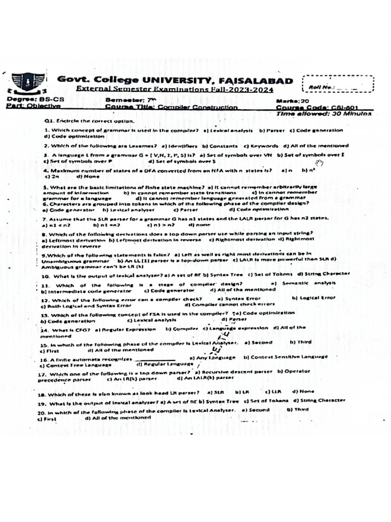 Past Papers of Compiler Construction CSI -501-609 - Prepared by GCUF ...