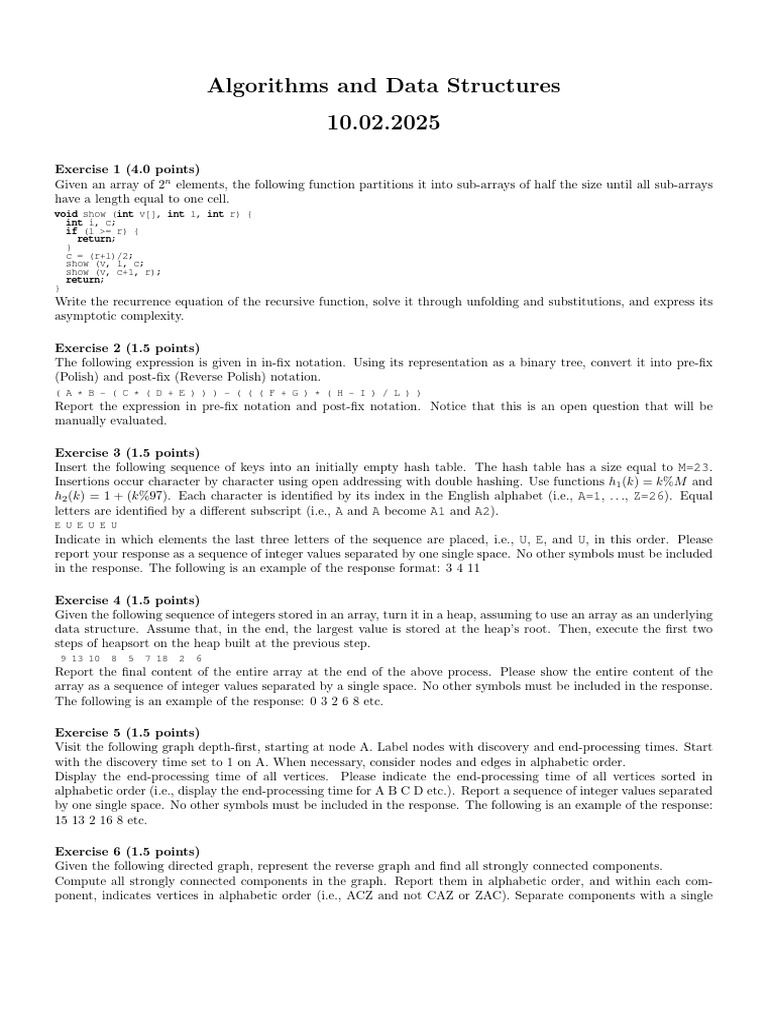Algorithms and Data Structures Exercises | PDF | Sequence | Vertex ...