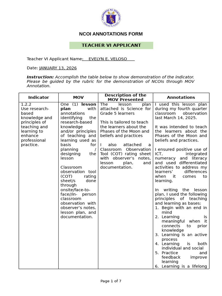 NCOI Annotations Form For Teacher VI Applicant | PDF | Learning | Teachers
