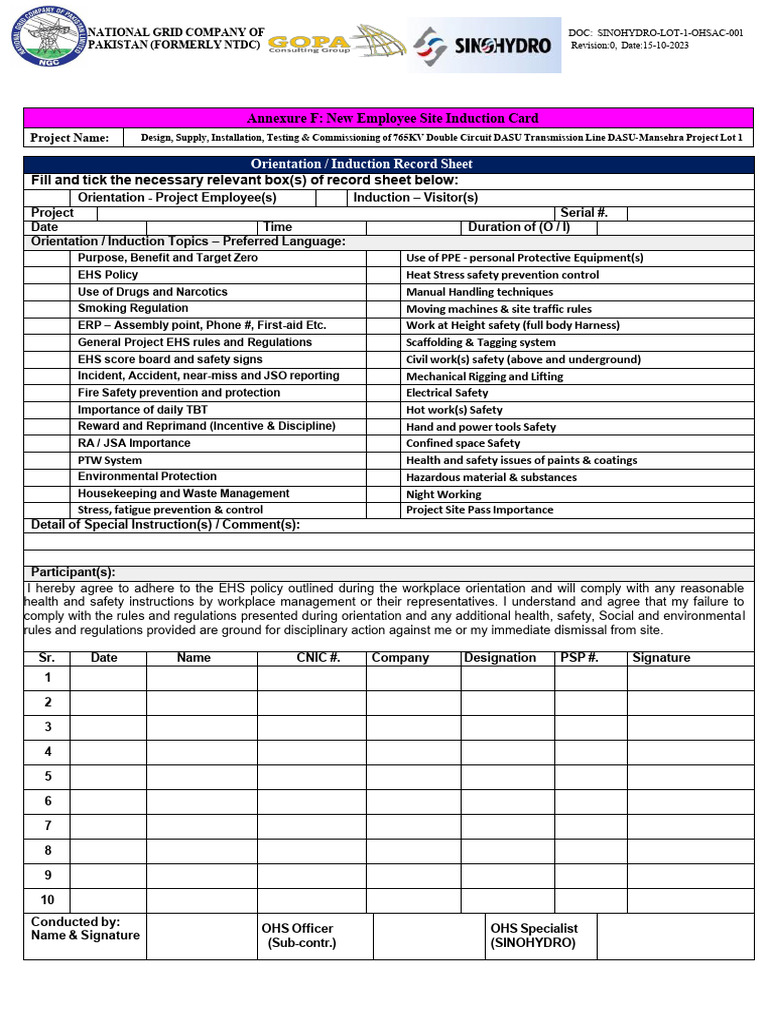 Employee Induction Card for DASU Project | PDF | Occupational Safety ...