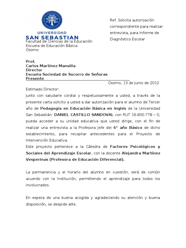 Carta Solicitud Al Director De La Escuela Sociedad De Socorro