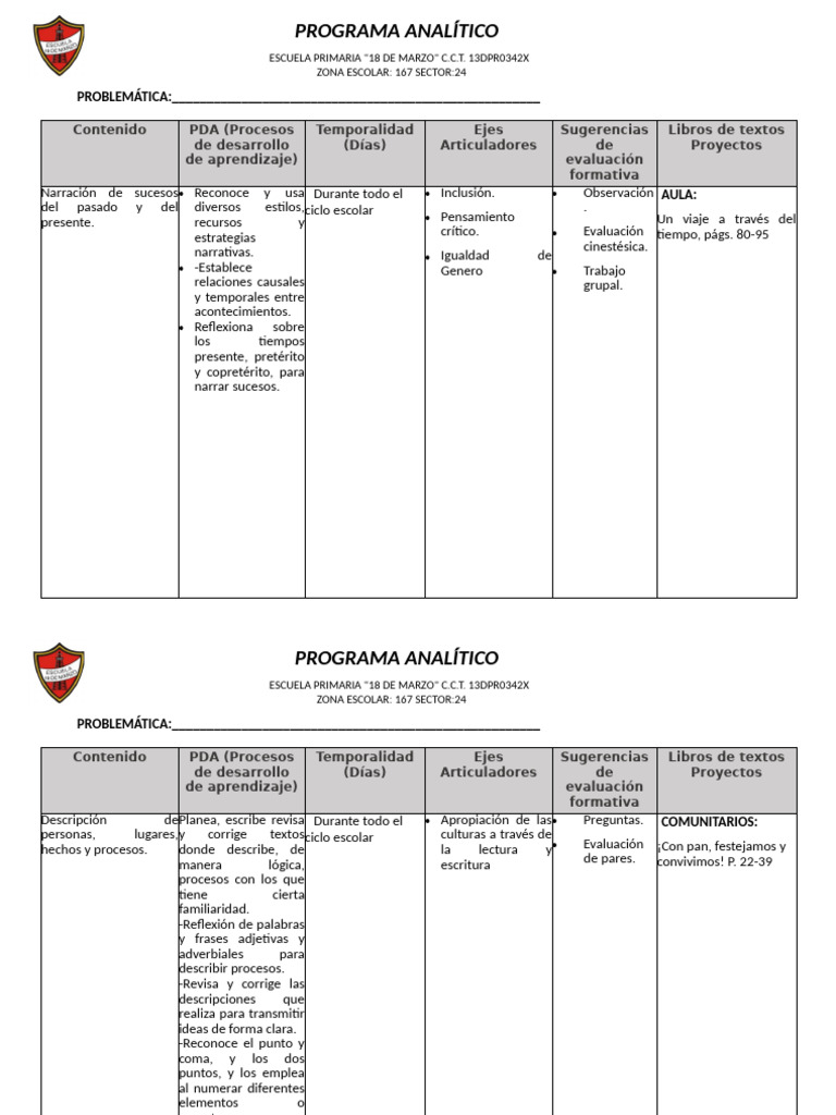 Programa Analítico de Aprendizaje Escolar | PDF | Educación primaria ...