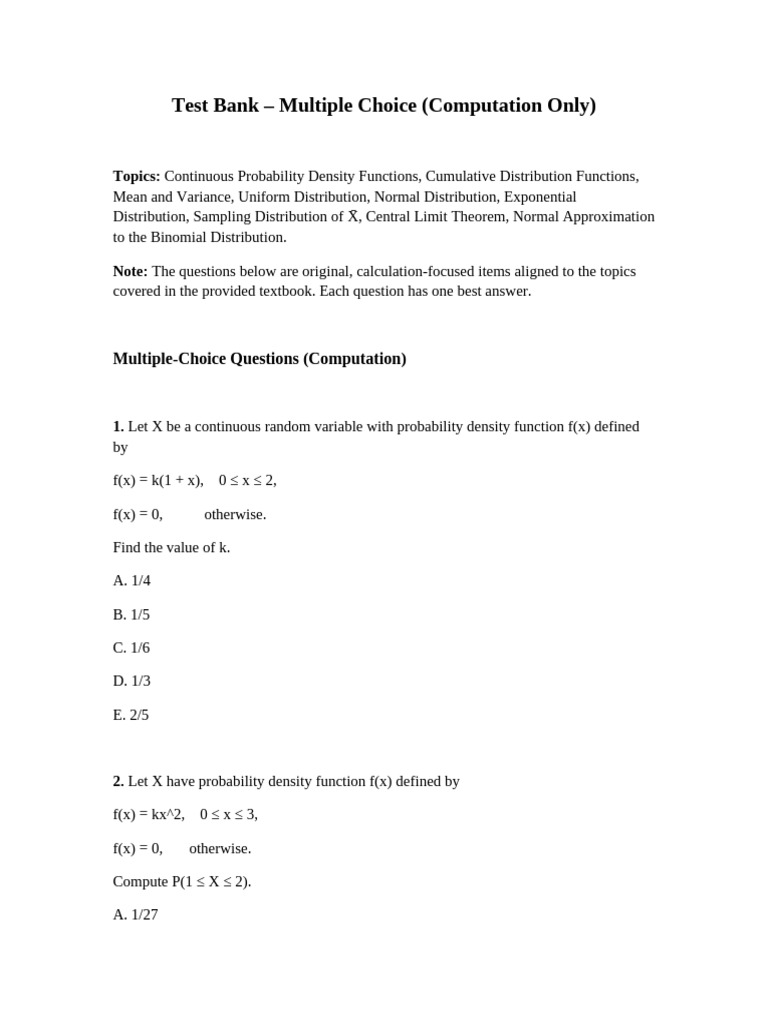 Test Bank: Continuous Probability Questions | PDF | Probability ...