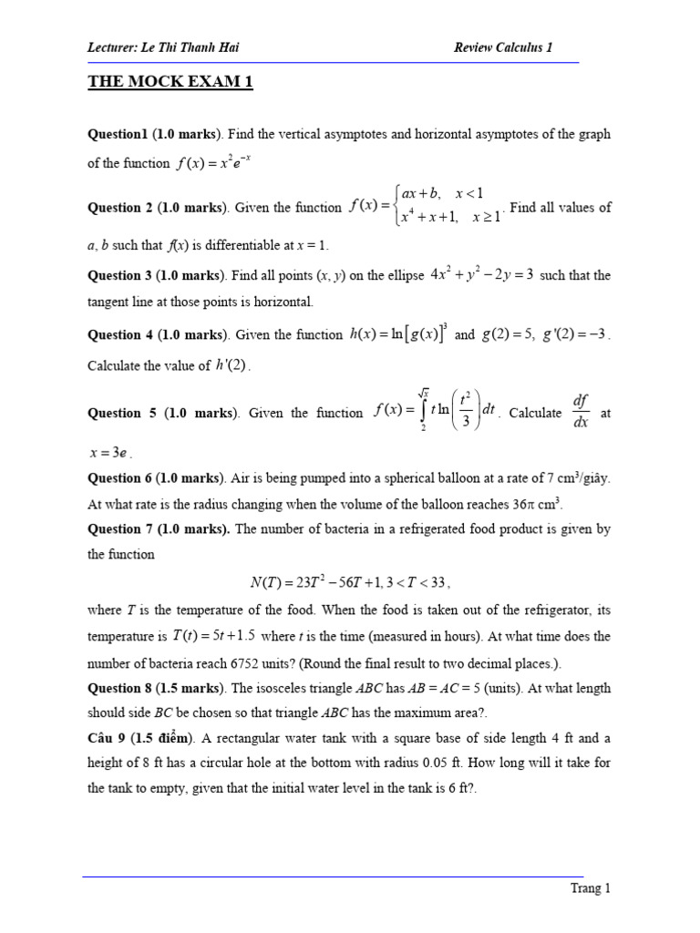 Calculus 1 Mock Exam Questions | PDF | Mathematics | Mathematical Analysis