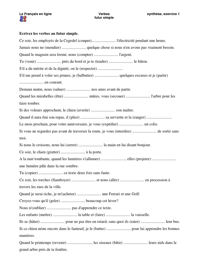 Futur Simple Exercices à Imprimer Futur Simple, Exos | PDF