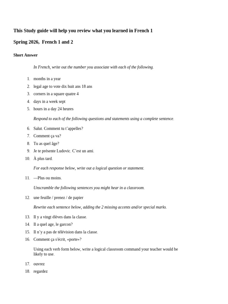 Guide d'étude pour le Français 1 et 2 | PDF