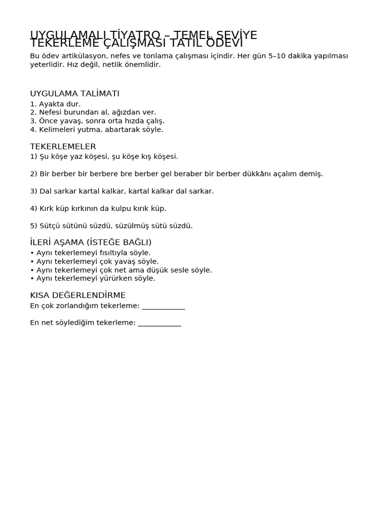 Tekerleme Calismasi Tatil Odevi Temel Seviye | PDF