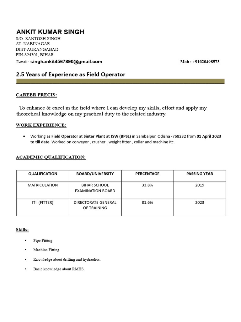 Field Operator Resume - Ankit Kumar Singh | PDF