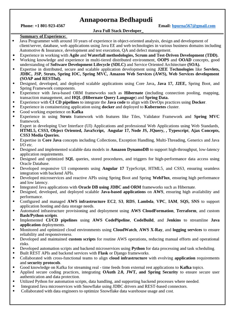 Java Full Stack Developer Resume | PDF | Spring Framework | Amazon Web ...
