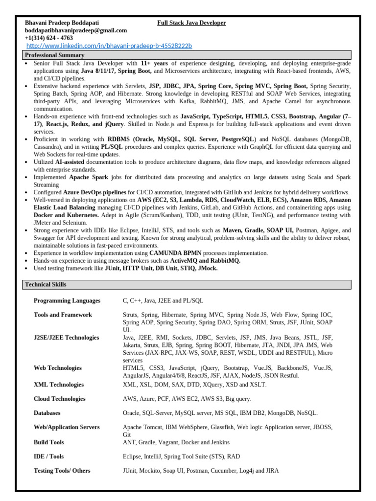 Senior Full Stack Java Developer Profile | PDF | Spring Framework ...