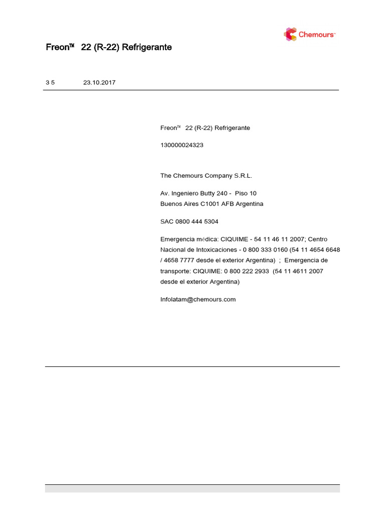 Hoja de Seguridad Freon™ 22 (R-22) | PDF | Clorofluorocarbono