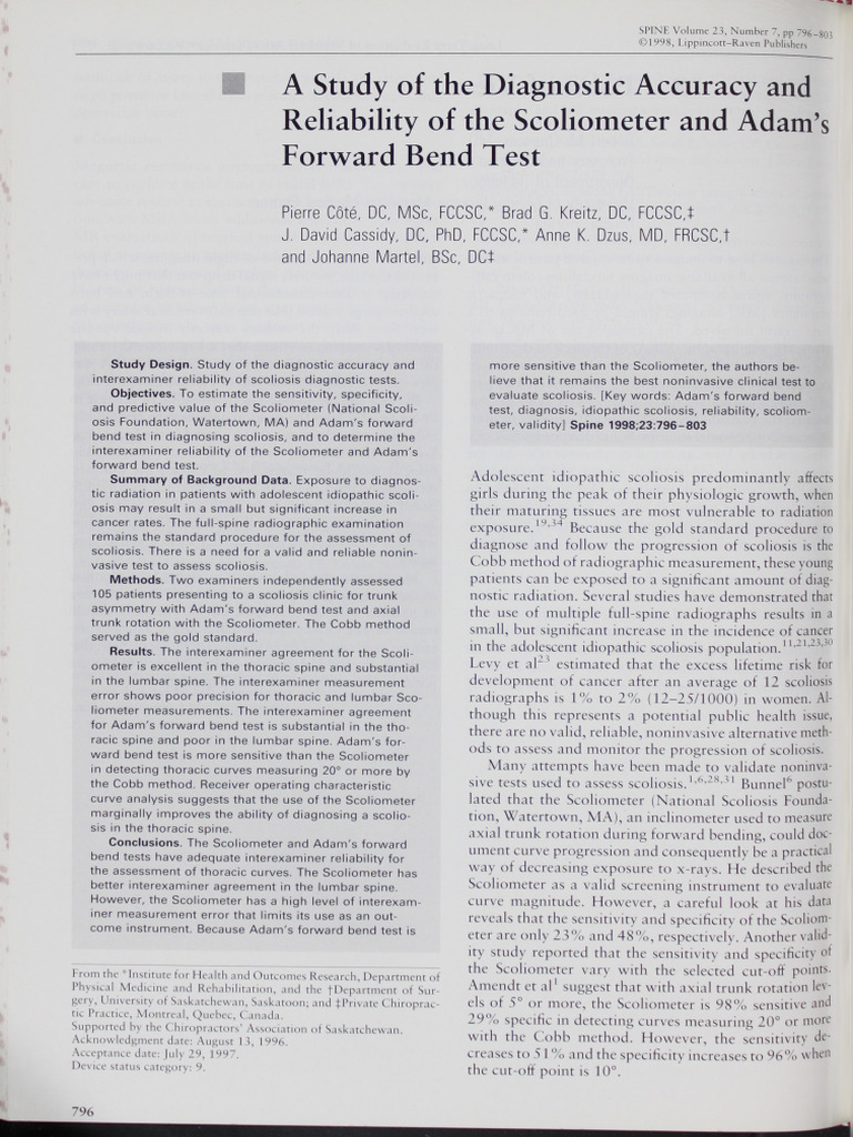 Coté 1998. Reliability Scoliometer and Adam's Test | PDF