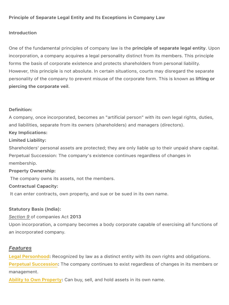 Separate Legal Entity in Company Law | PDF | Legal Liability ...