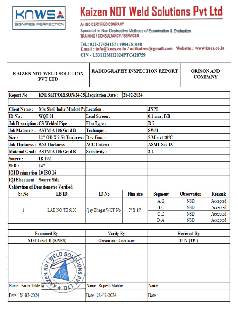 Radiography Inspection Report | PDF