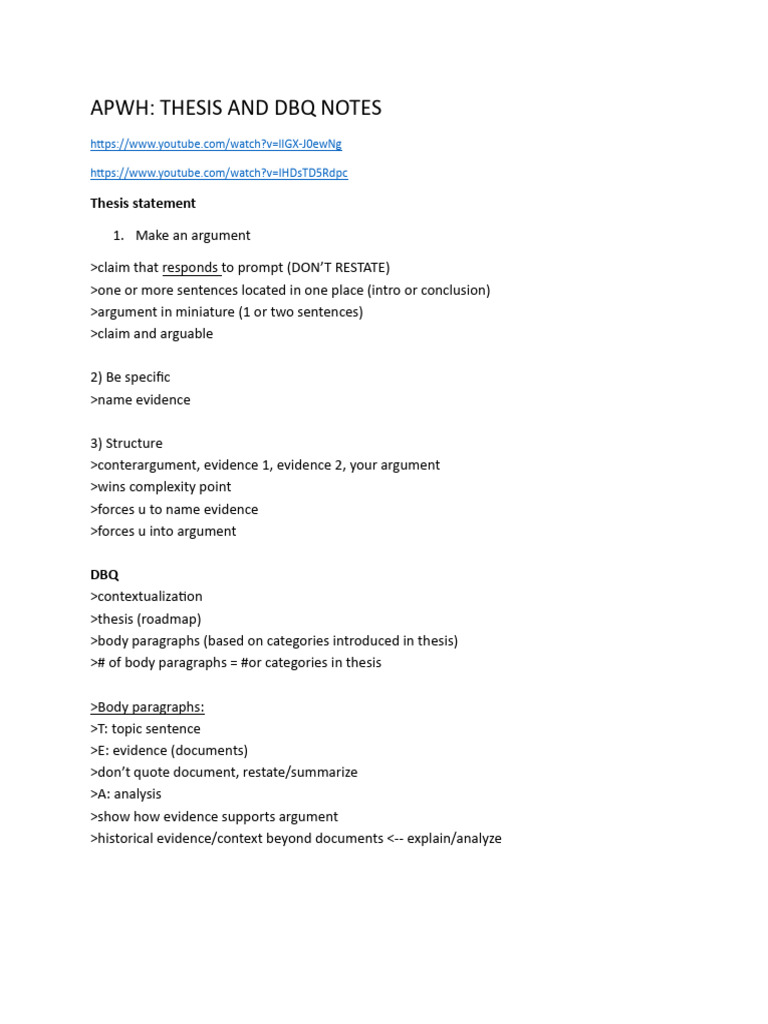 APWH Thesis and DBQ Writing Guide | PDF