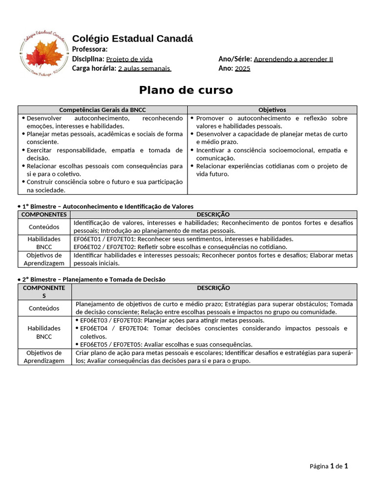 Plano de Curso: Projeto de Vida 2025 | PDF | Aprendizado | Planejamento