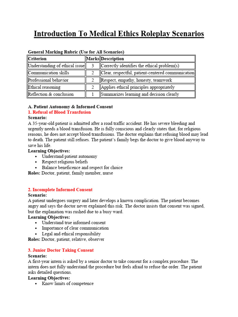 Medical Ethics Roleplay Scenarios Guide | PDF | Informed Consent | Patient