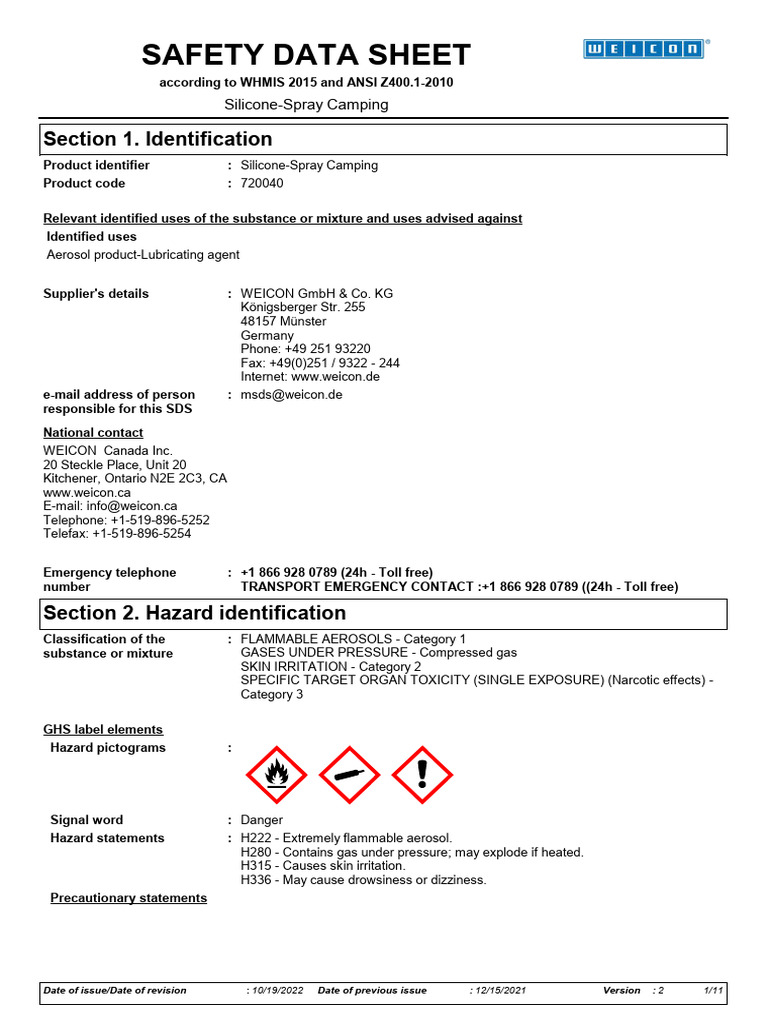 MSDS - 720040 - CA - EN - Silicone-Spray Camping | PDF | Dangerous Goods