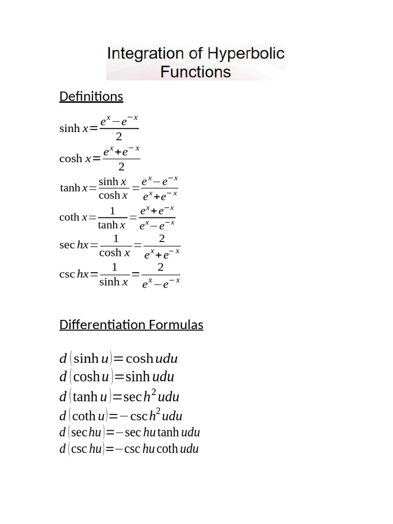 Hyperbolic Functions and Calculus Formulas | PDF