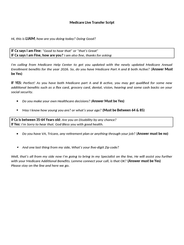 Medicare Live Transfer Call Script | PDF | Medicare (United States ...