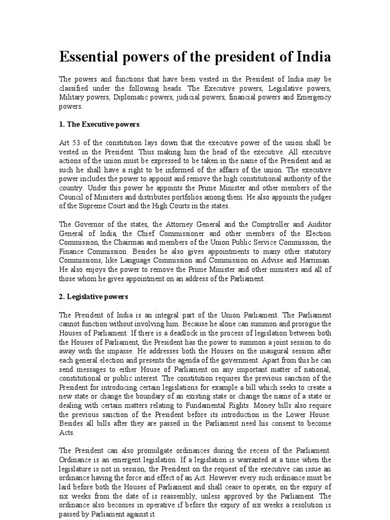 Essential Powers of The President of India | PDF | Pardon | Government ...