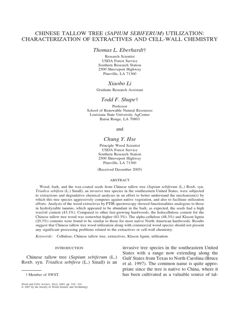 Chinese Tallow Tree Chemical Analysis | PDF | Wood | Trees