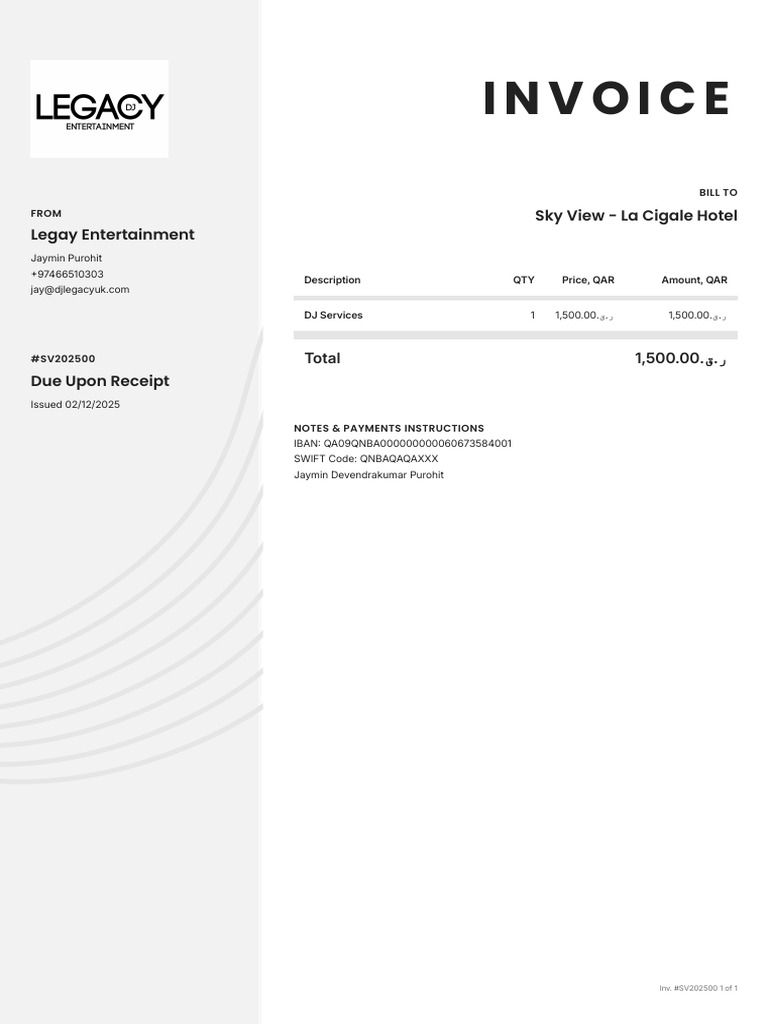 Invoice for DJ Services - Sky View Hotel | PDF