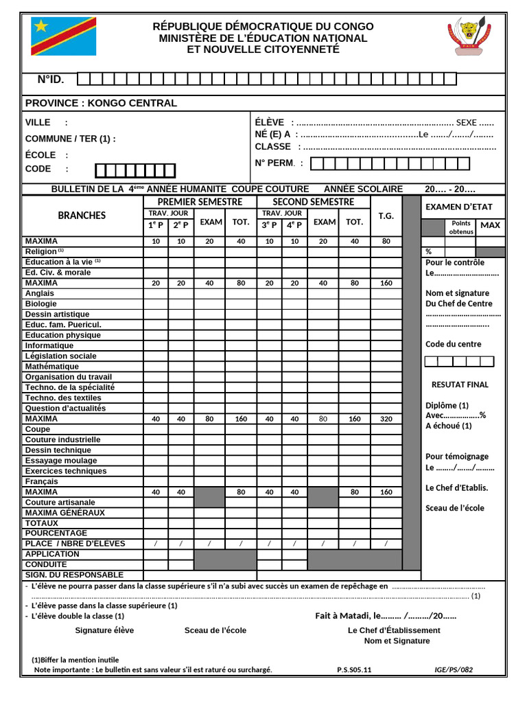 Bulletin scolaire 4ème année RDC | PDF