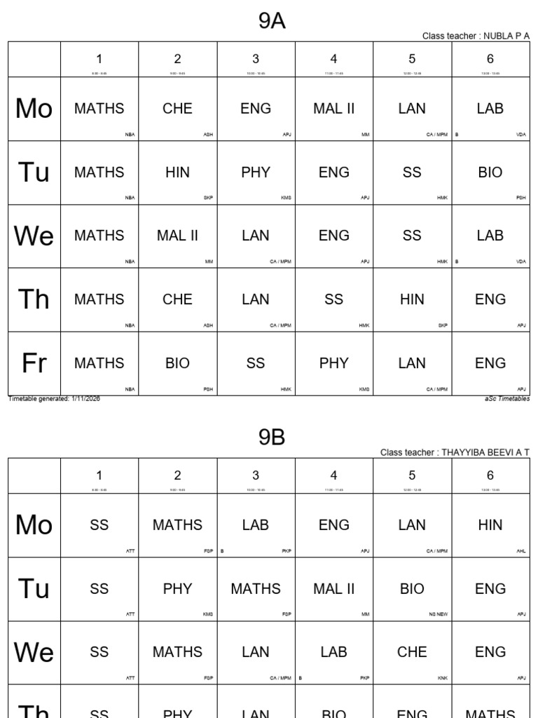 2026 Class Timetables for Grade 9 | PDF