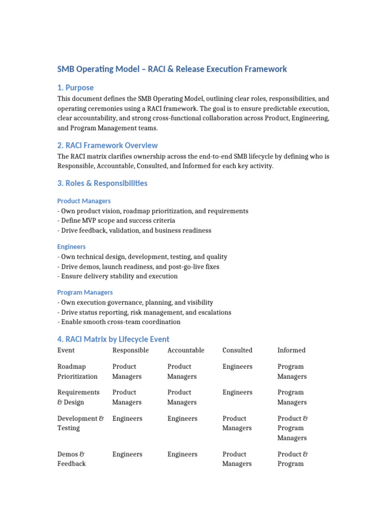 SMB Operating Model: RACI Framework Guide | PDF