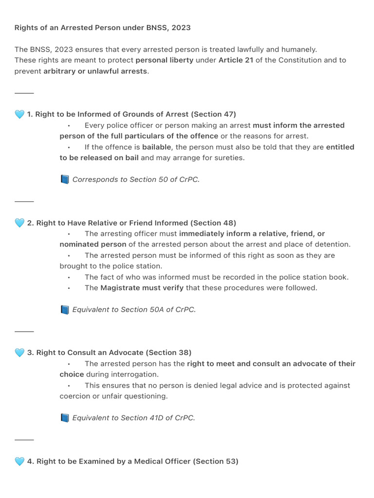 Rights of Arrested Persons in BNSS 2023 | PDF | Arrest | Government