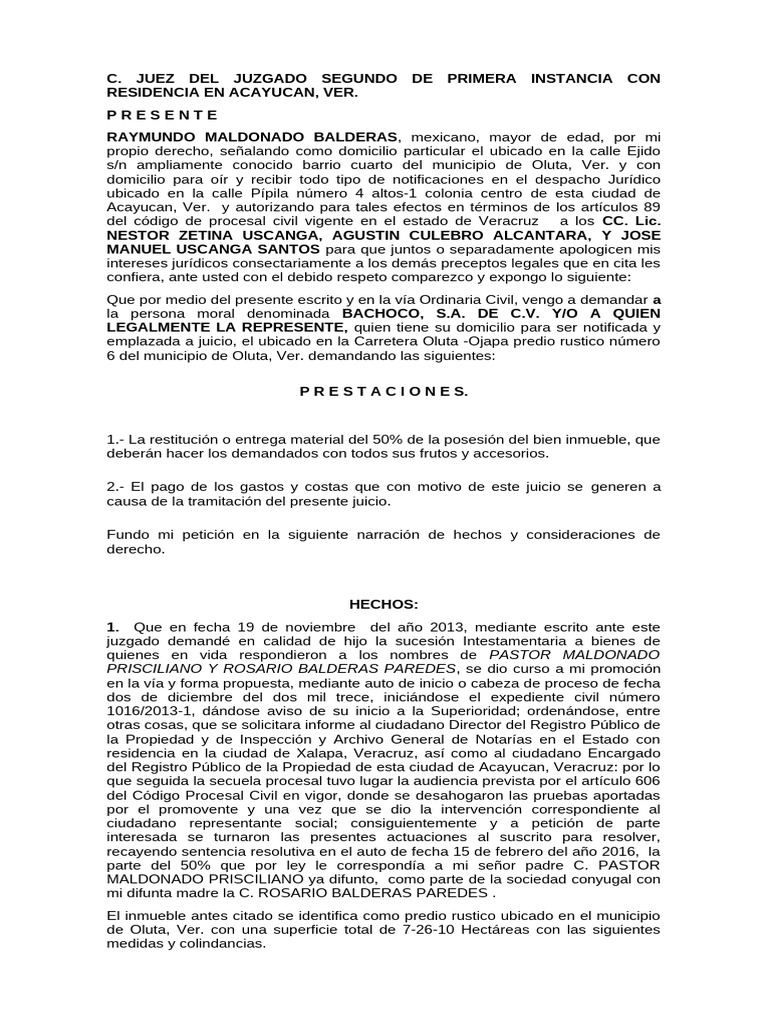 Demanda Civil de Restitución de Bien Inmueble | PDF | Sentencia (ley ...