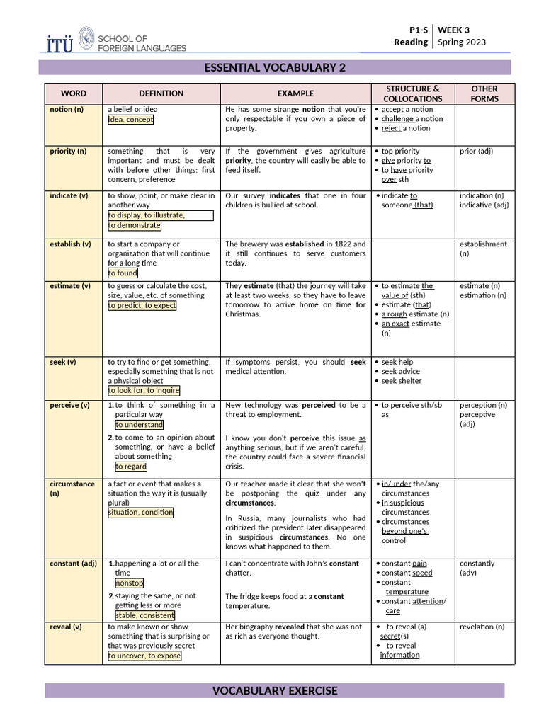 Essential Vocabulary for Week 3 | PDF | Vocabulary | Behavioural Sciences