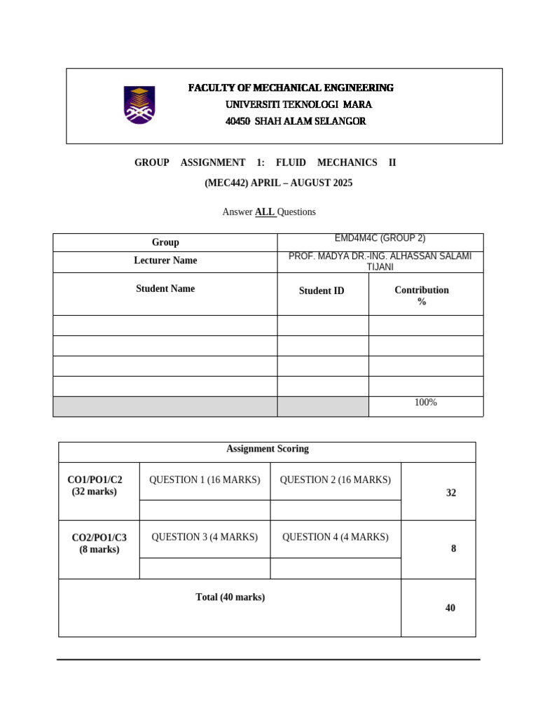 Fluid Mechanics II Group Assignment 2025 | PDF | Drag (Physics) | Force