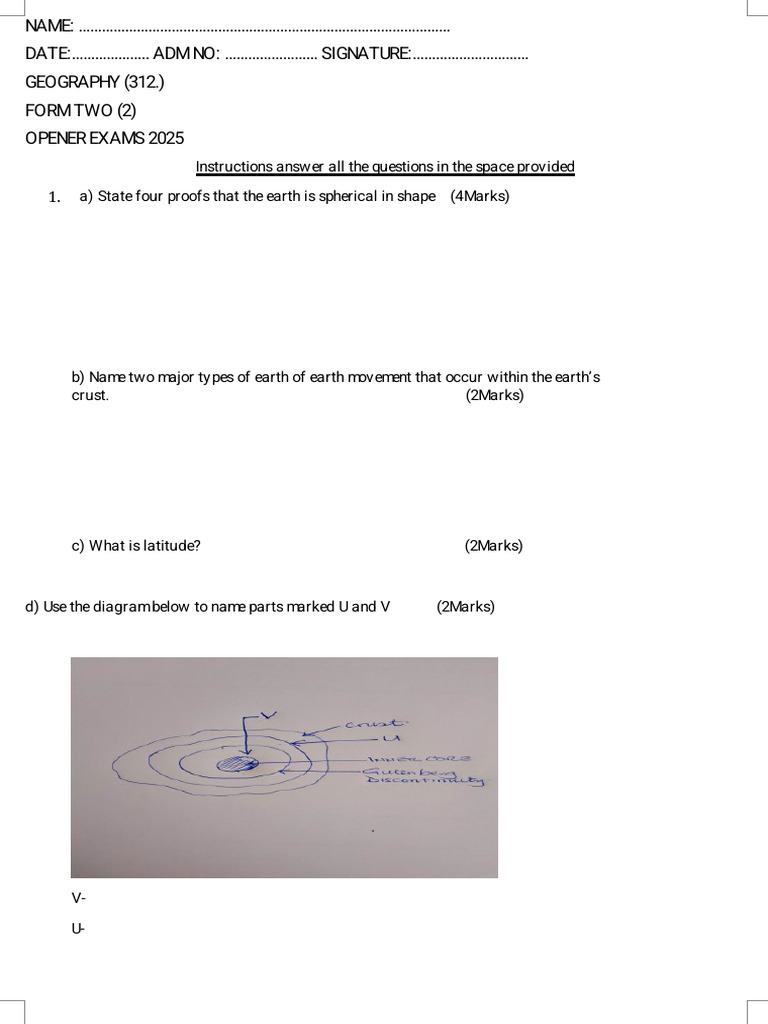 Geography Form Two Opener Exam 2025 | PDF | Rock (Geology) | Earth
